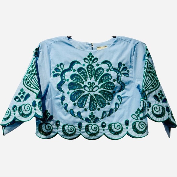 NEW FARM RIO Light Blue & Green Eyelet Embroidered Richelieu Crop Top XS $190 - Picture 4 of 8